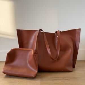 Elegant Brown Leather Tote and Pouch Set